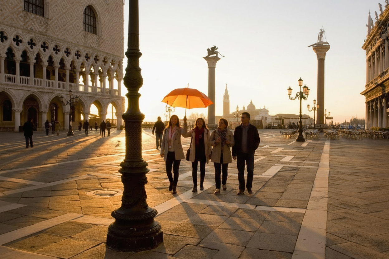 Tour group with orange umbrella at Piazza San Marco, Venice